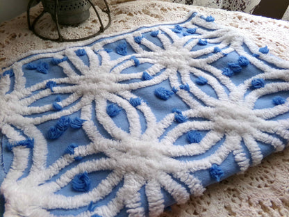 coastal chic blue vintage chenille fabric, white tufted spider rings & little pops, 24" x 18" inch piece