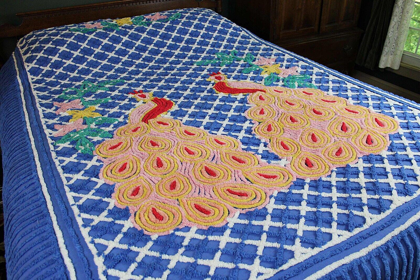 Royal Blue Vintage Peacock Chenille Bedspread, Bold Tropical Floral Colors, FULL Sz