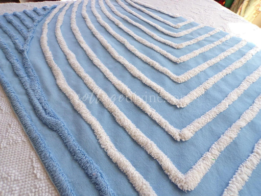 Beach Cottage Blue & White Vintage Chenille Fabric Piece, 19" x 29" inches, Ideal in Quilts and Pillows