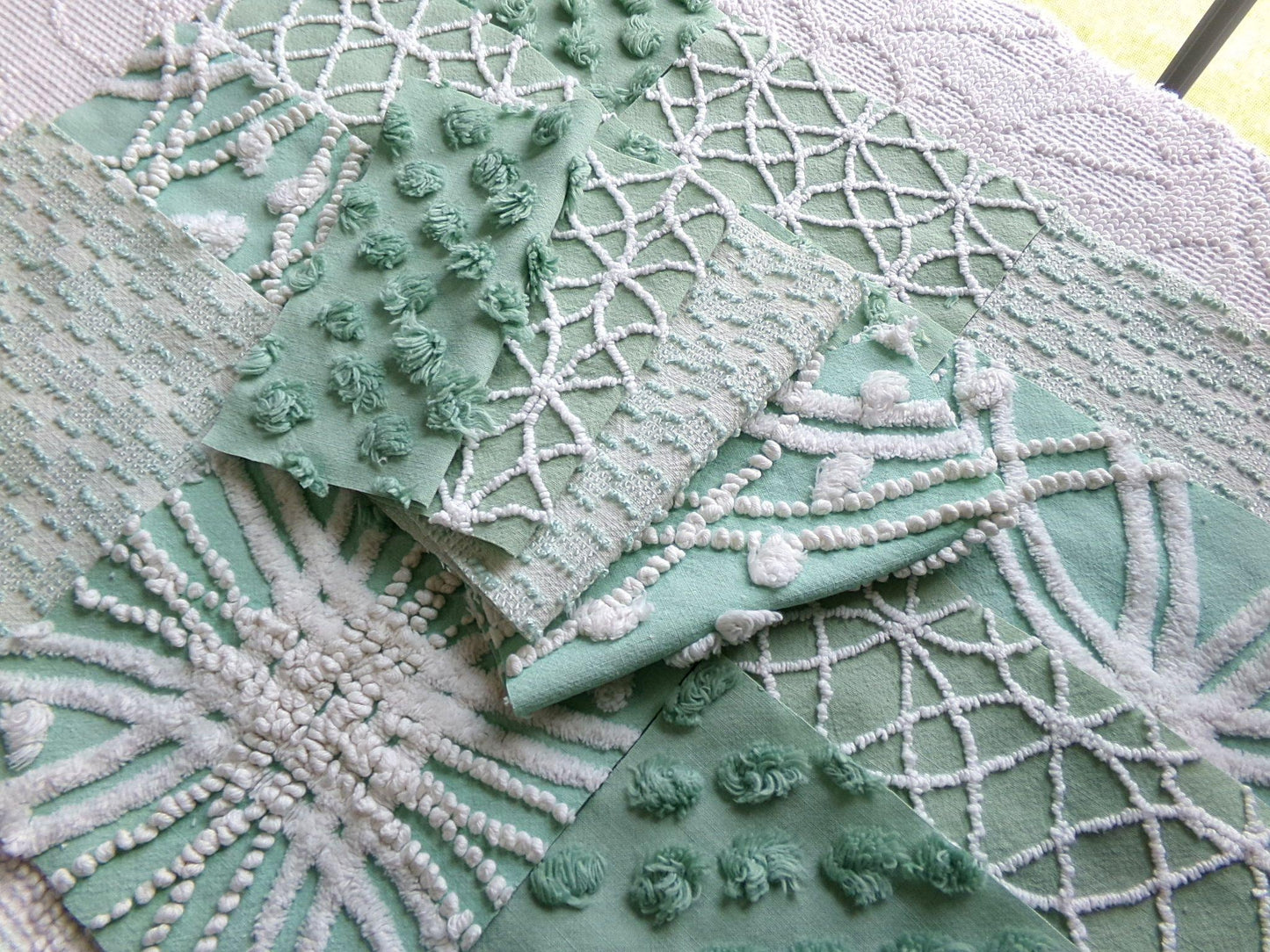 gorgeous green chenille fabric squares, set of 16 vintage 6" craft blocks, geometric designs for quilt inlays, pillows, fiber arts