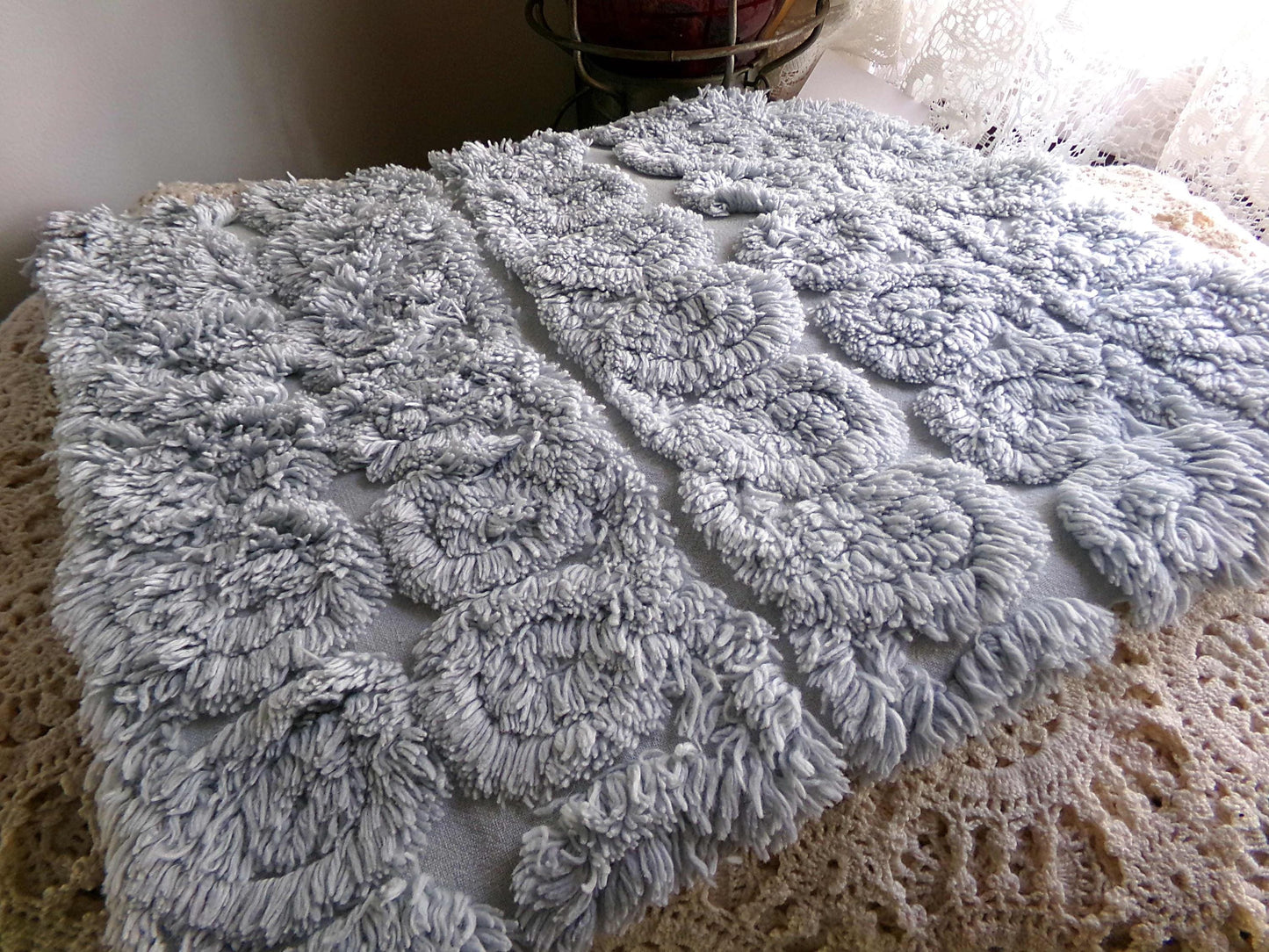 plush looping curlicues vintage chenille fabric, 21" x 24" cut piece in dreamy dusty blue, soft & so pretty