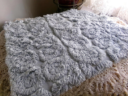 plush looping curlicues vintage chenille fabric, 21" x 24" cut piece in dreamy dusty blue, soft & so pretty