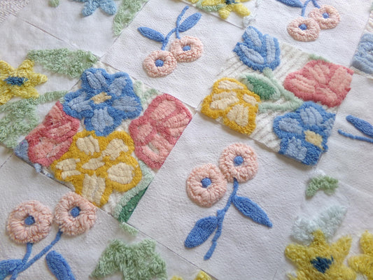 vintage chenille fabric squares, "flower fields" set of 16 floral 6" quilt blocks in colorful garden flowers, for quilting, crafts, sewing