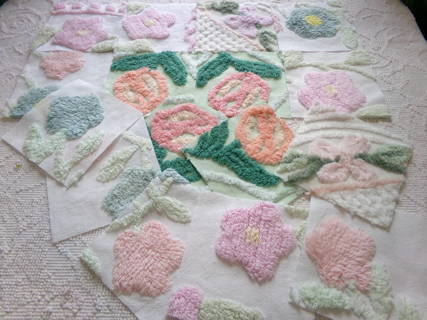 blooms chenille fabric squares, set of 16 lovely vintage floral 6" craft blocks, for quilt inlays, pillows, fiber arts