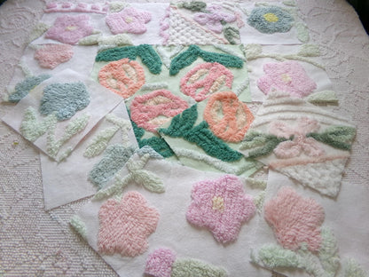 blooms chenille fabric squares, set of 16 lovely vintage floral 6" craft blocks, for quilt inlays, pillows, fiber arts
