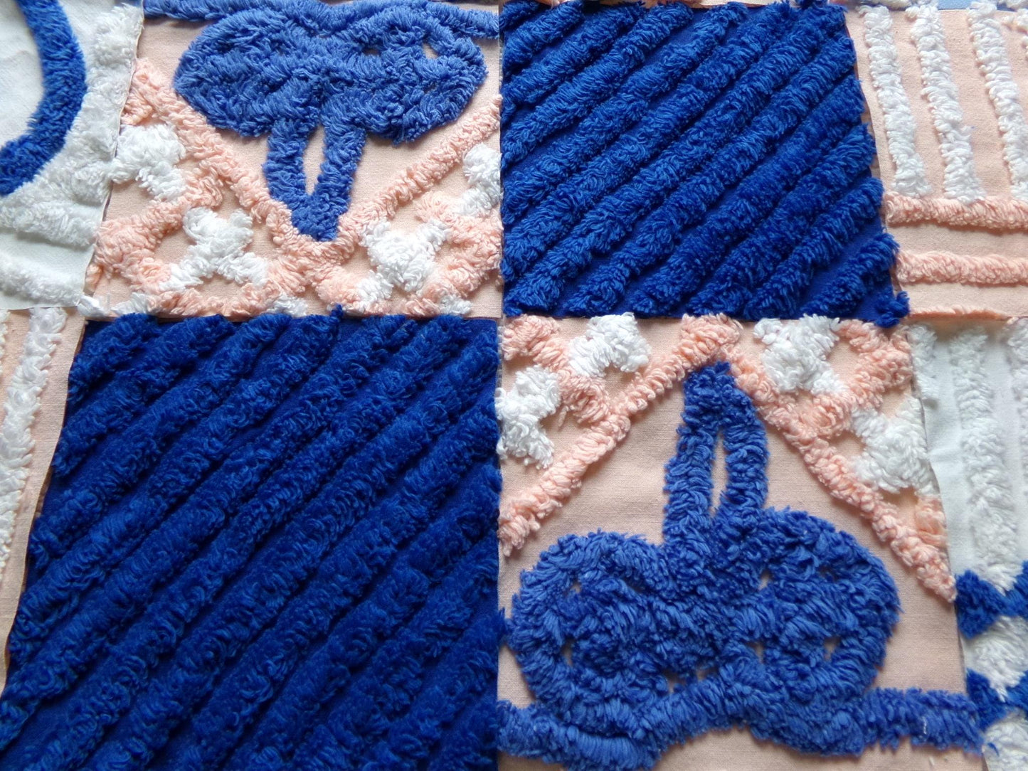 peach frost vintage chenille fabric squares, set of 16 peach & blue quilt blocks 6" ea, for fiber arts, sewing, quilting
