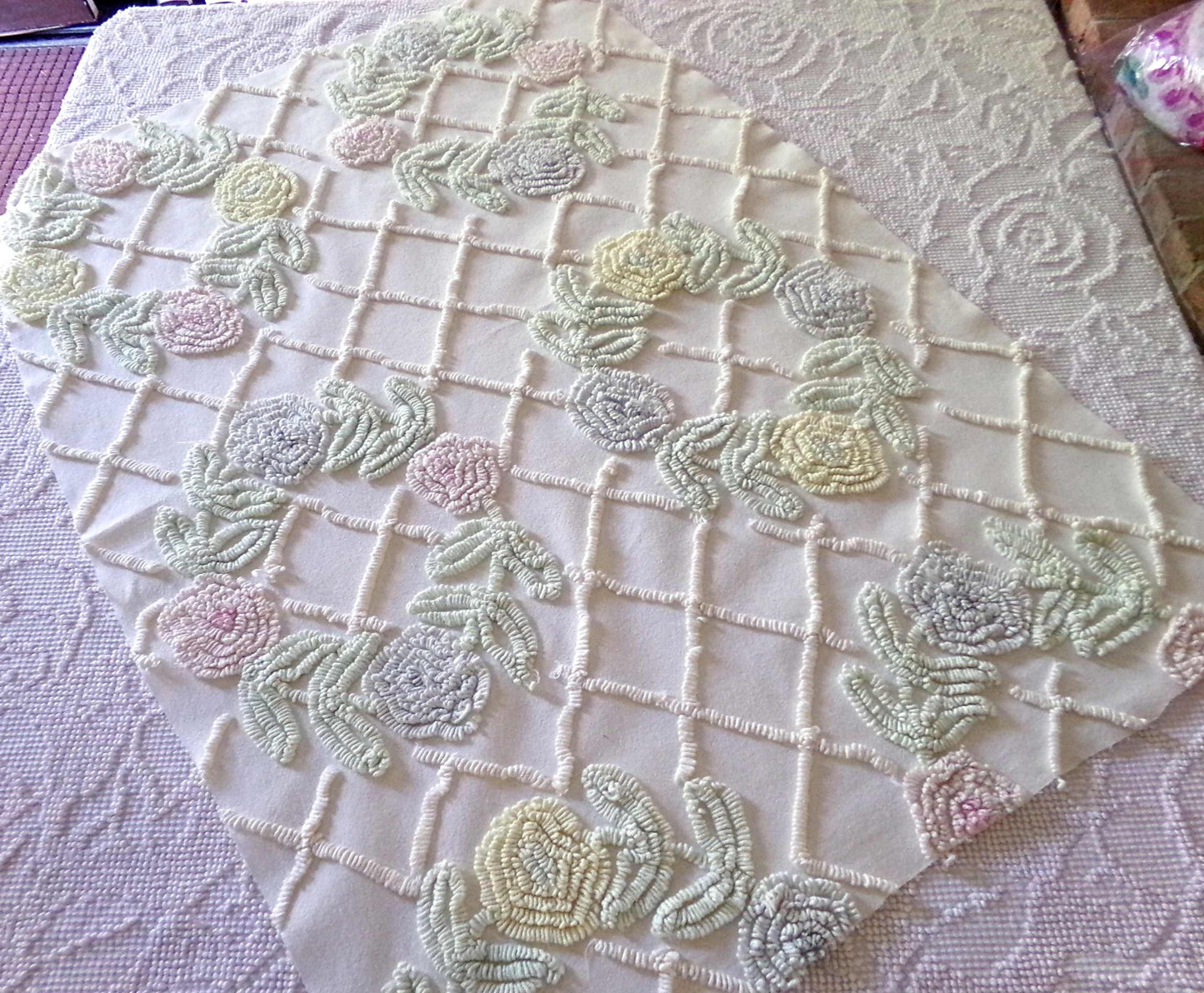 Pastel Spring Floral Wreaths Vintage Chenille FABRIC PIECE, 21" x 30" inches, Antique Cream