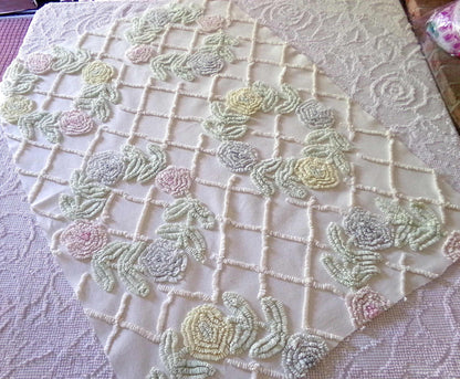 Pastel Spring Floral Wreaths Vintage Chenille FABRIC PIECE, 21" x 30" inches, Antique Cream