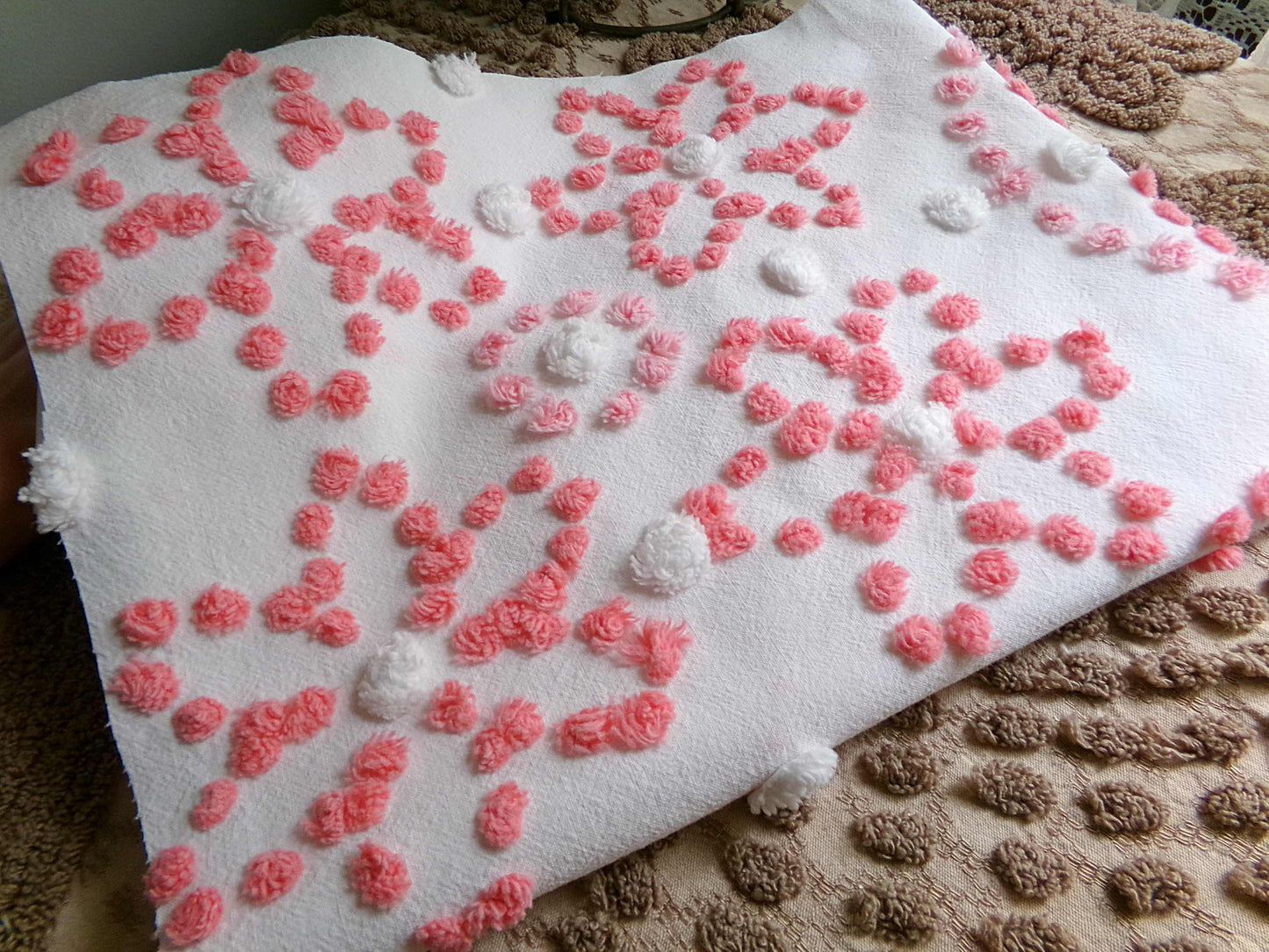 Spunky Daisy Medley Vintage Chenille Fabric, 23" x 18" inch handtufted antique Pink Pops piece, Fun in DIY Pillows