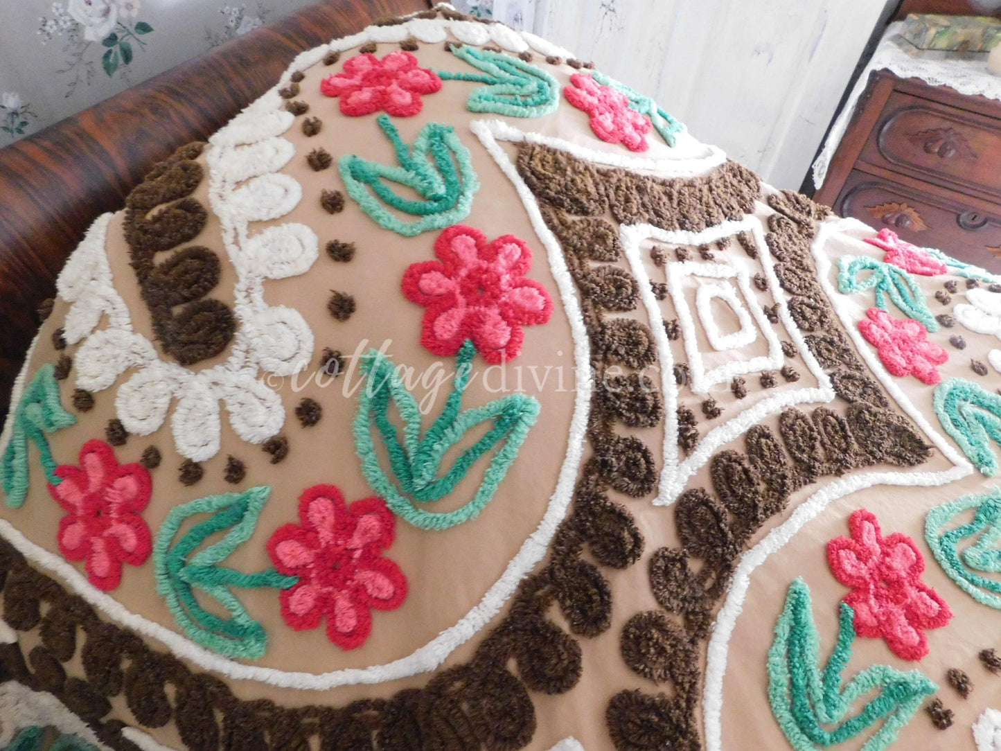 Chocolate Cherry Heart Cake Midcentury Vintage Chenille Bedspread, Cotton, Full Size