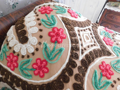Chocolate Cherry Heart Cake Midcentury Vintage Chenille Bedspread, Cotton, Full Size