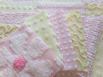 celebrate spring vintage chenille fabric squares, set of 17 pink & yellow 6" blocks for crafts, sewing