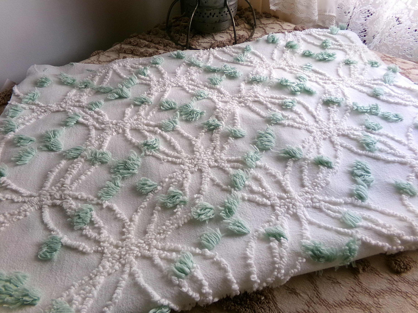 Breezy White Vintage Chenille Fabric, 15" x 25" Piece, Needletuft Wedding Rings with Mint Green Pops
