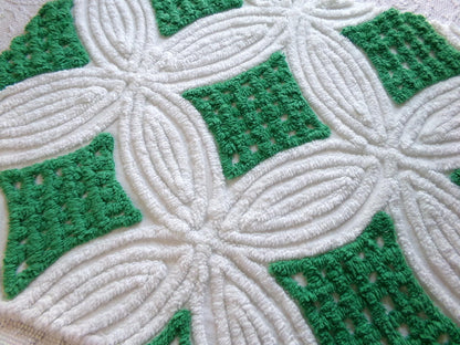 preppy chenille fabric, plush kelly green & white 23" x 20" inch piece of vintage sewing material for pillows, quilting, crafts