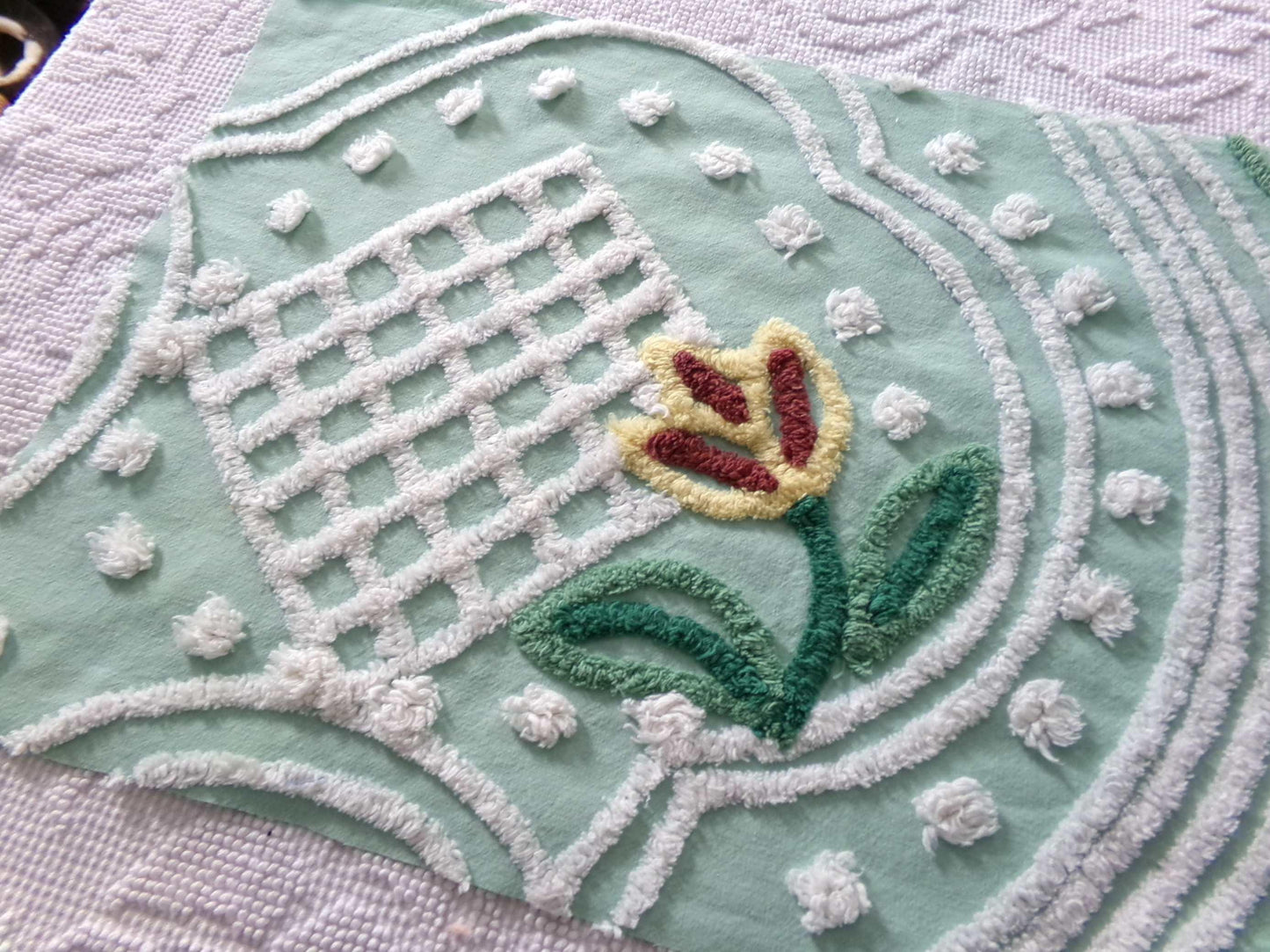cutest springtime tulip vintage fabric, 13" x 23" inch piece cut from a chenille bedspread, mint green floral sewing material