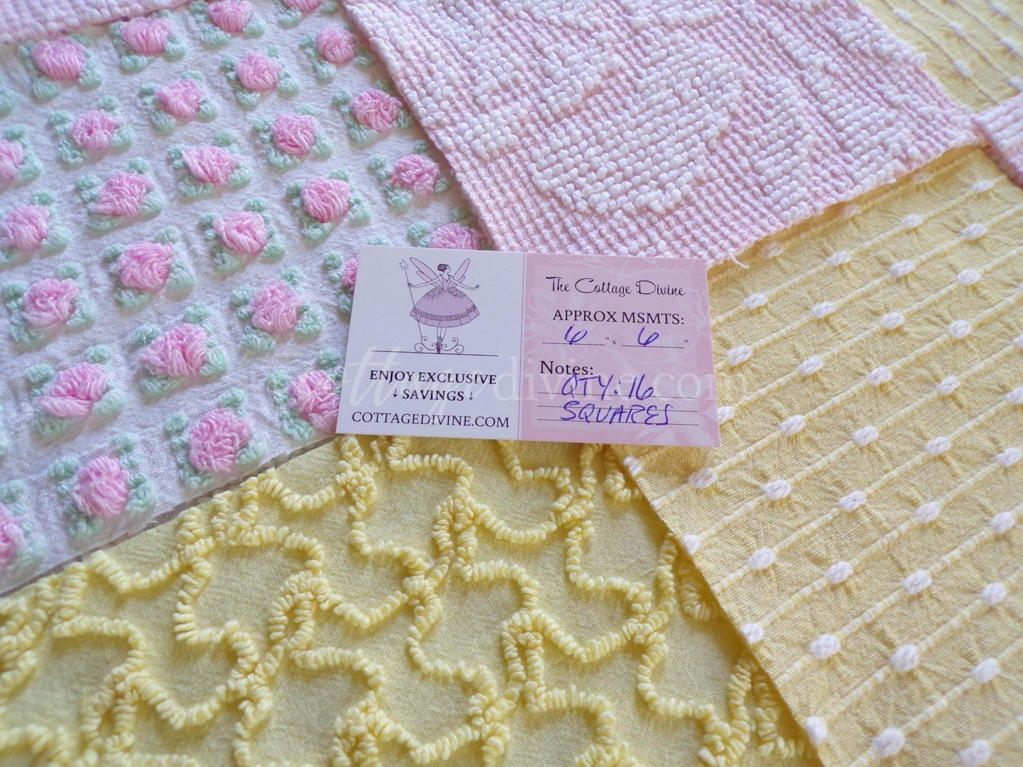 Spring Sunshine Chenille Quilt Squares Set from Vintage Bedspread Fabric, 16 Blocks, 6" x 6" inch