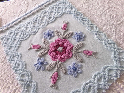 exquisite floral bloom chenille fabric, so pretty for pillow cover, 16" x 20.5" needletuft piece in ice blue with mauve pink flowers
