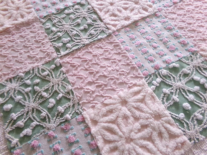 vintage chenille fabric quilt squares, "granny's garden" set of 16 blocks, 6" x 6" inch, pretty in rag quilts & patchwork pillows