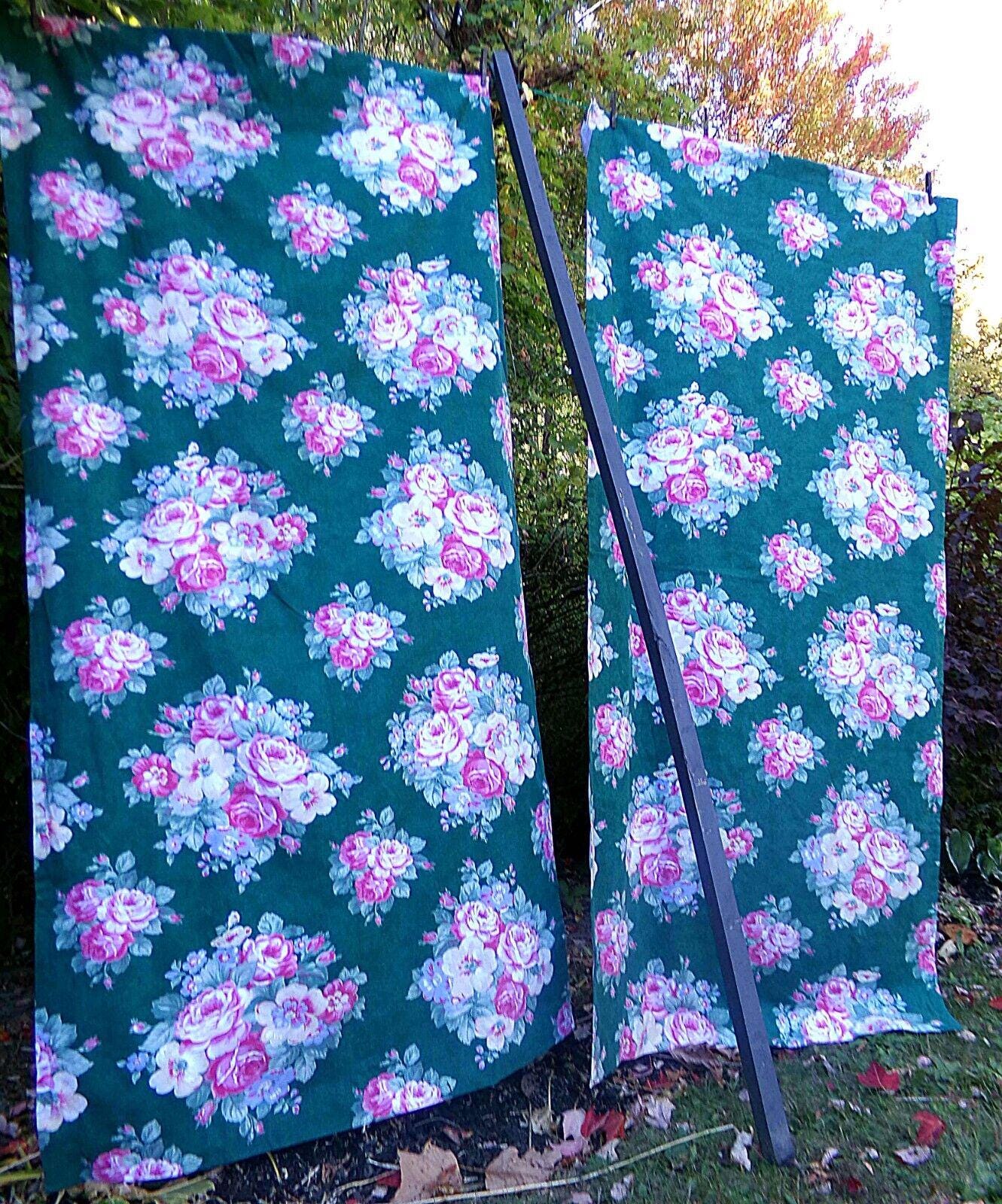Ralph Lauren Hayley Floral Drapes Window Curtains, Pair of Vintage Green Panels