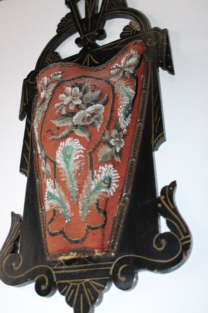Rare Antique Ornate Victorian Eastlake 1881 Beaded Floral Wall Slipper Pocket
