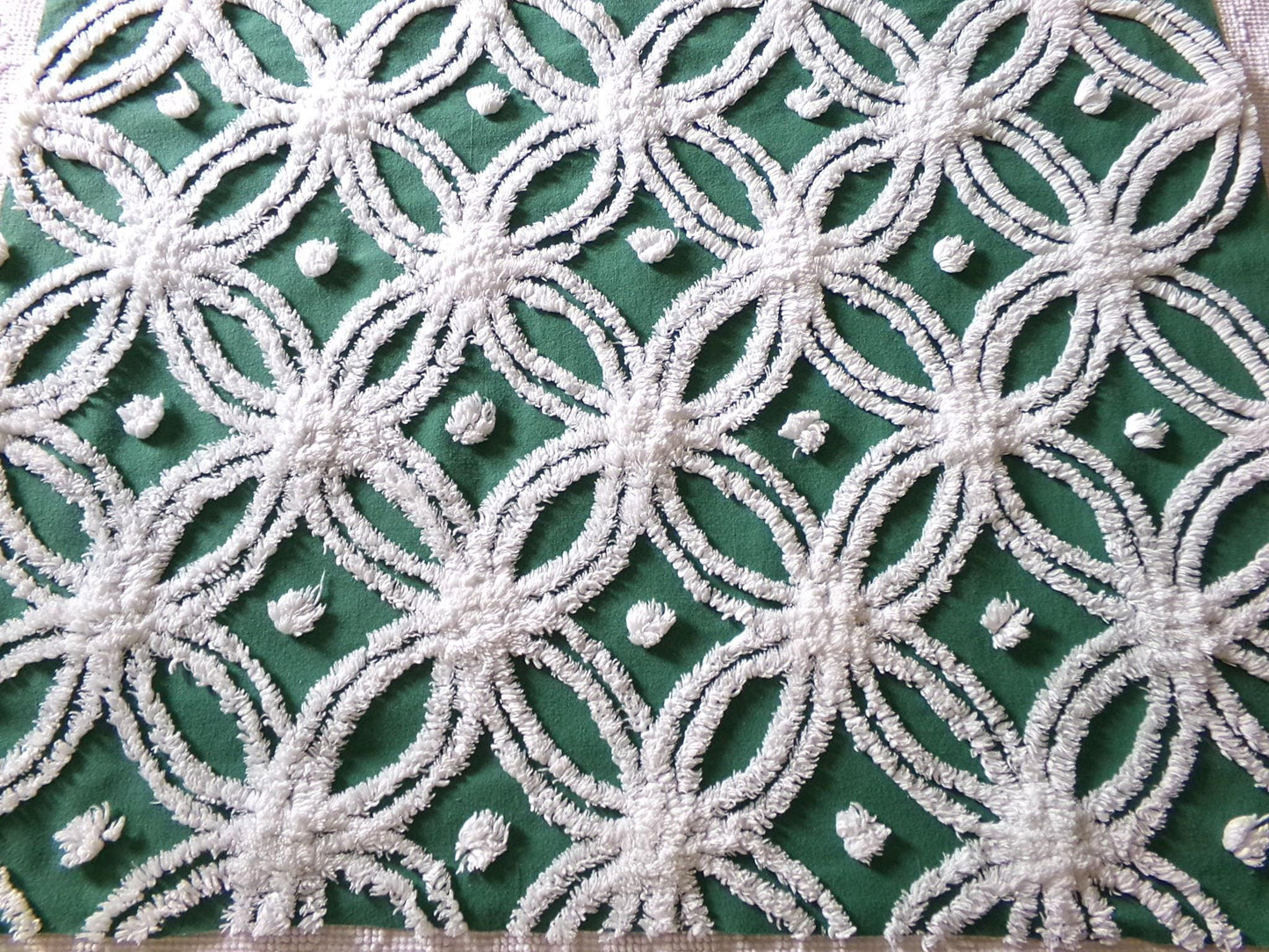 gorgeous green vintage chenille fabric, tufted white wedding rings, fluffy dots on evergreen, 20"x 27" inch piece of quilt & sewing material