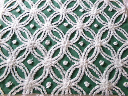 gorgeous green vintage chenille fabric, tufted white wedding rings, fluffy dots on evergreen, 20"x 27" inch piece of quilt & sewing material