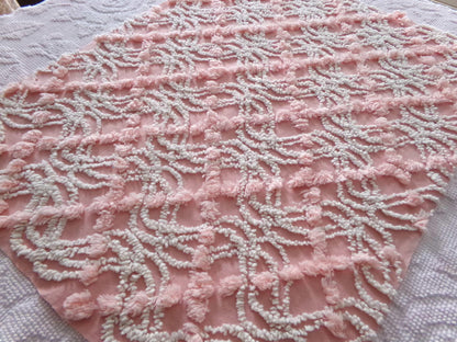 infinity tuft fabric textured pink & white, 18" x 24" piece from a vintage chenille bedspread, popular sewing quilt material