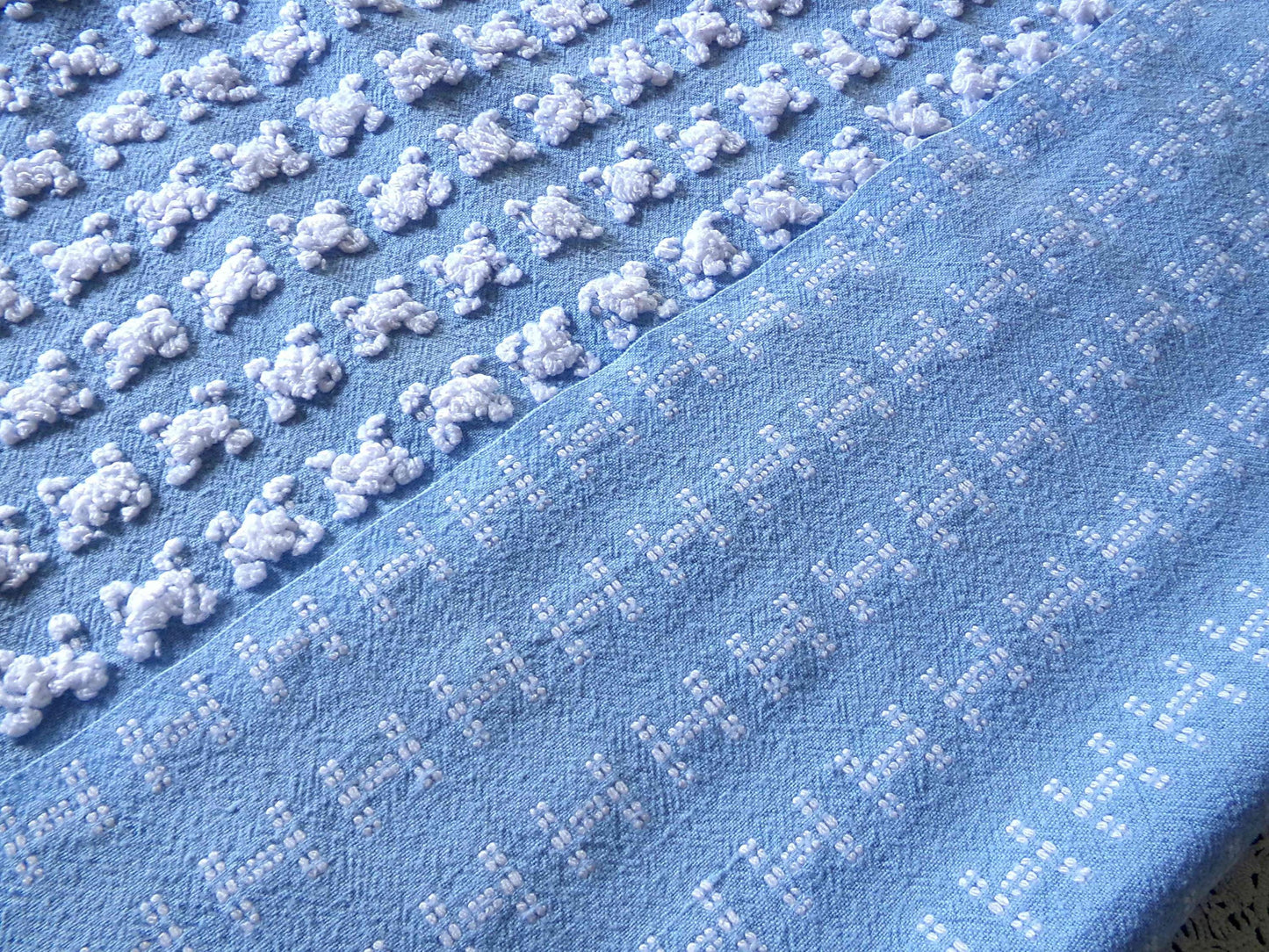 Deeply Serene Blue & White Rosebud Vintage Chenille Fabric, Heirloom Quality Material for Quilts, Pillows, 24" x 20" inch Piece
