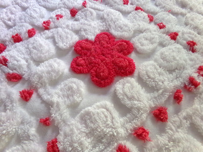 red roses in snow white vintage chenille fabric, 21" x 23" inch piece of shabby style sewing material for quilts & crafts
