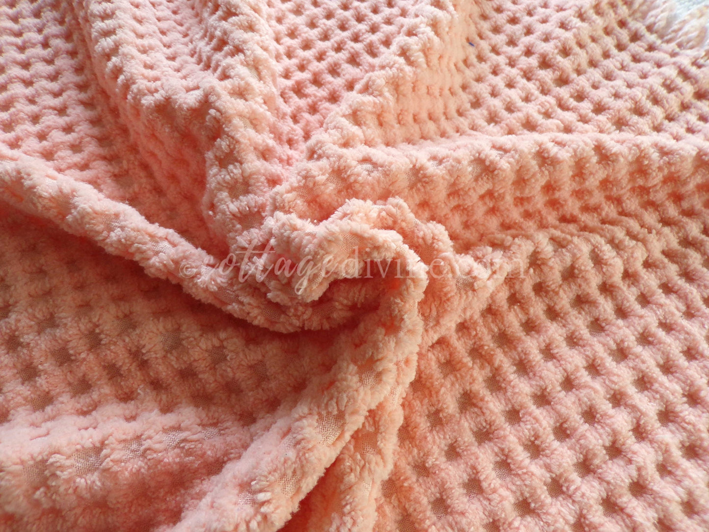 Mini Grid Vintage Chenille Quilt Fabric in Peach Bliss, 24" x 25" Piece, Snuggly Soft Cotton Waffle Tufting
