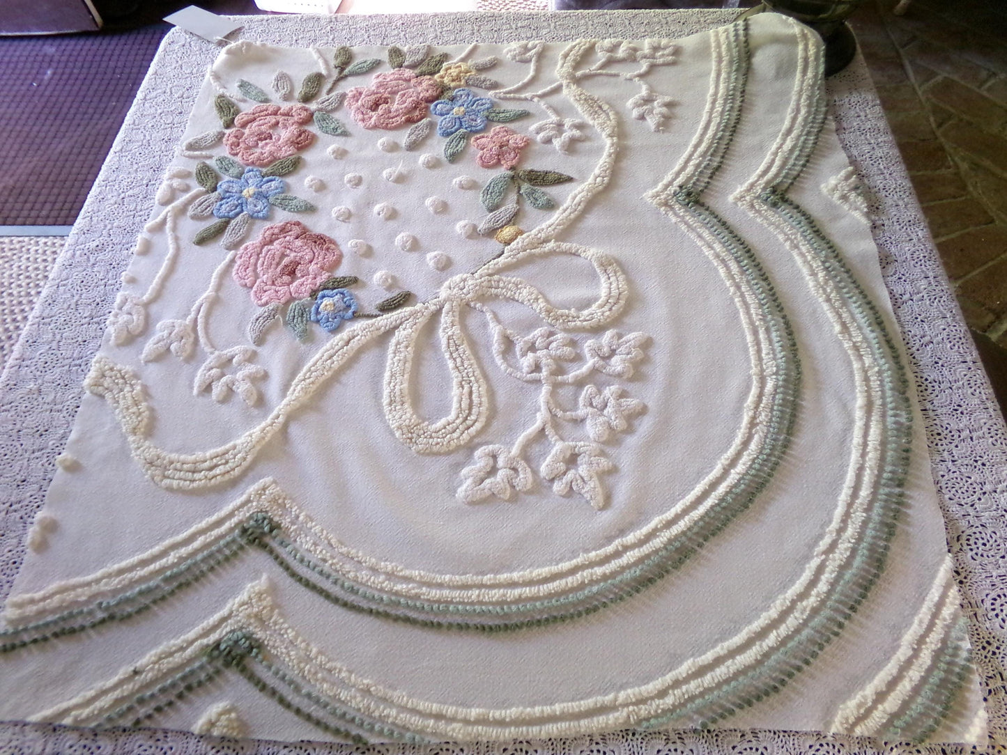 Romantic Cottage Chic Vintage Chenille Fabric, 28" x 26" Piece, Needletuft Floral Wreath Ivy Bow, for Quilting, Sewing, Fiber Arts, Crafts