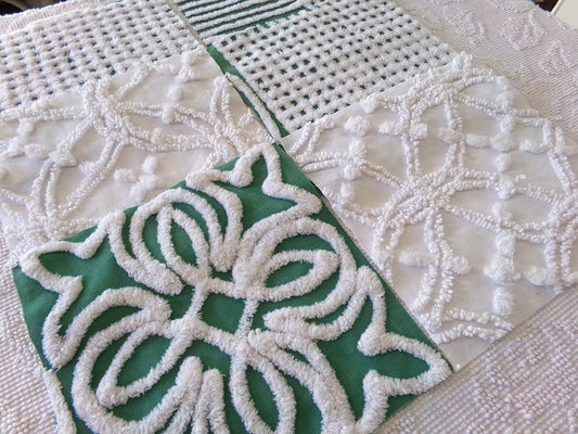 green & white chenille fabric squares, set of 6 large 9.5" square craft and quilt blocks, cut from vintage chenille bedspreads