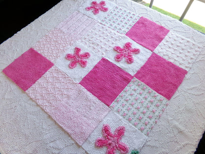 fun pink vintage chenille fabric squares, set of 16 quilt blocks 6" each geometric & flowers for crafts, sewing