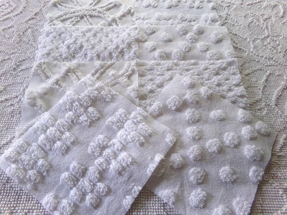 farmhouse style white chenille fabric squares, 7.5" vintage quilt blocks, set of 8 for sewing, crafts & quilting