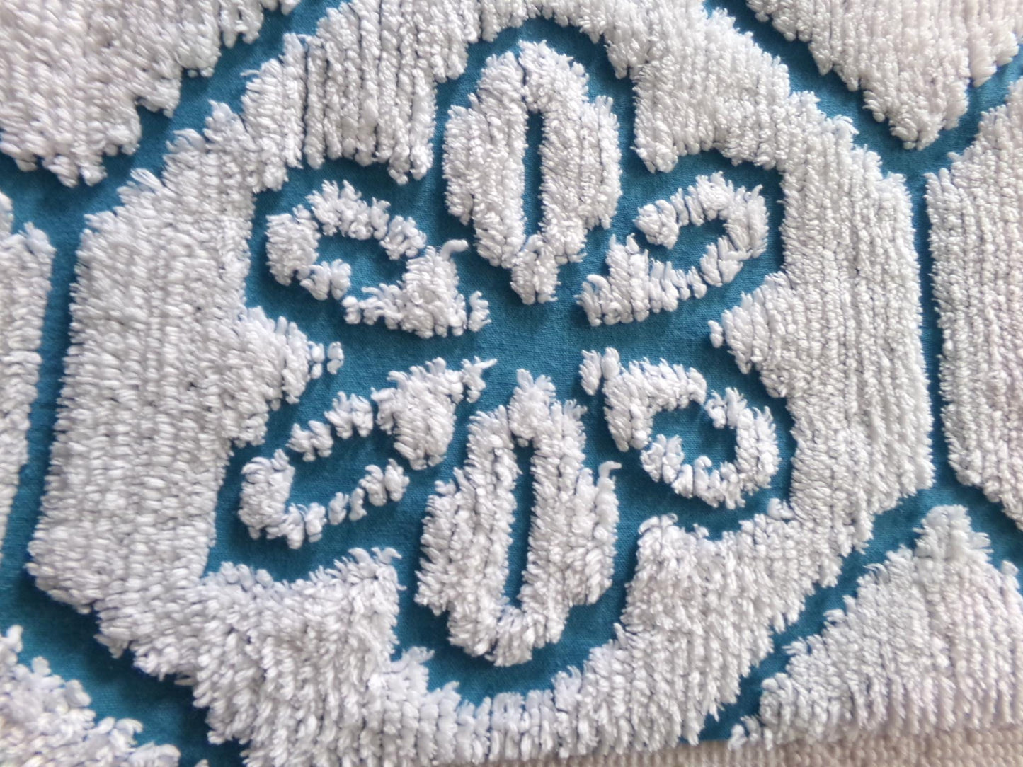sea glass blue vintage fabric, texturized white daisy block design, 20" x 25" piece of sewing material cut from chenille bedspread
