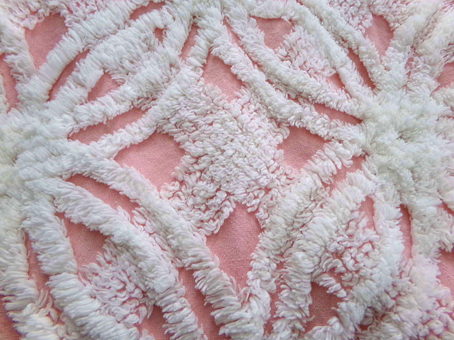 quilter's favorite chenille fabric, classic pink & white spider tufted sewing material, 20" x 24" inch piece from vintage chenille bedspread