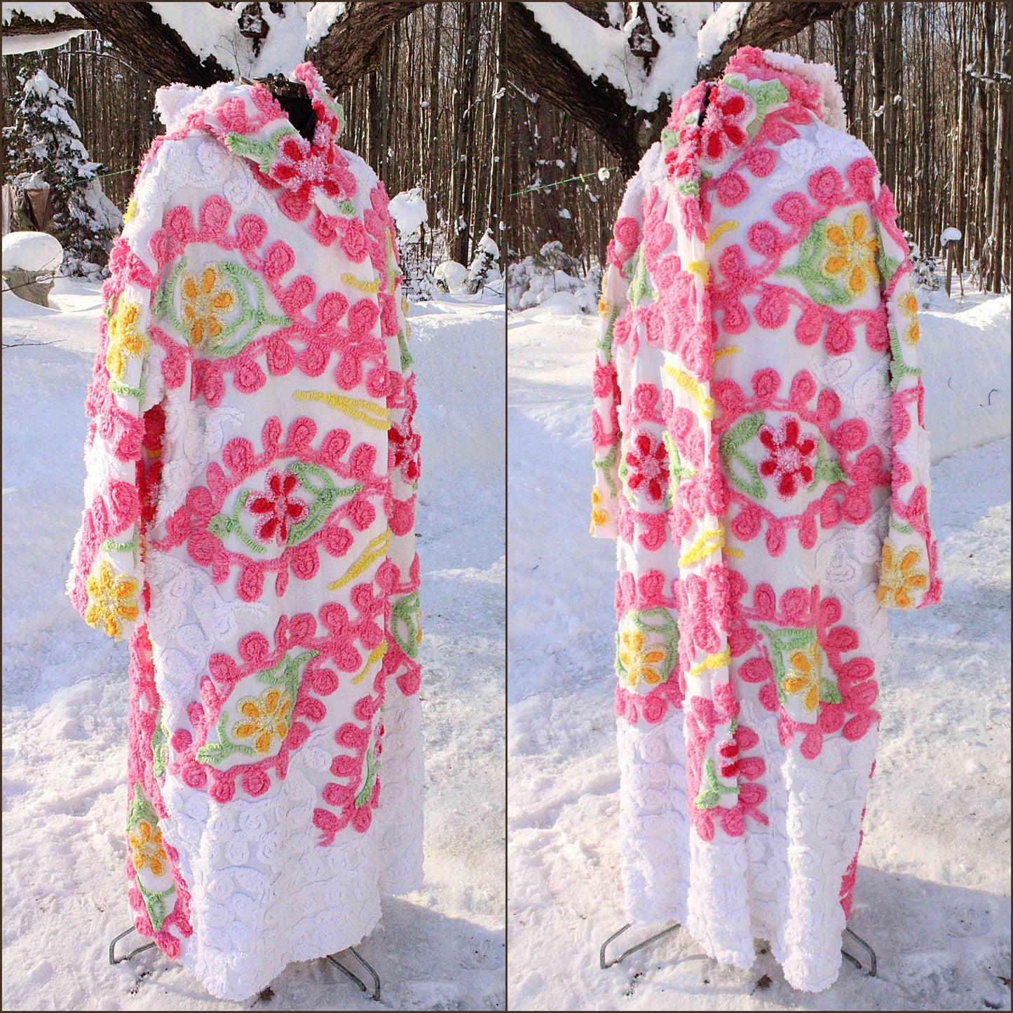 Pink Burst Chenille Robe with Sparkle Flowers, Medium / Large Hooded Vintage Style Women's Bathrobe