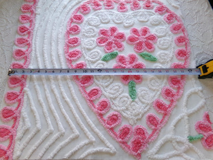 pink heart vintage chenille fabric, shabby cute rose trio on white, 24" x 23" piece of sewing material for pillows, quilts, wall hanging
