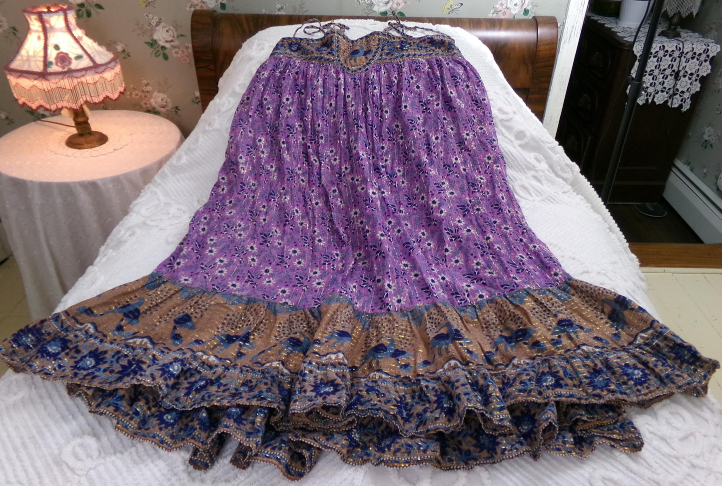 vintage Starina Creation Paris dress, rare 1970s boho peacock print, gold thread floral pattern, midi length gauze cotton India sundress, S