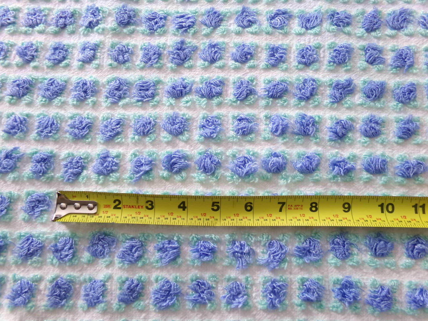 periwinkle blue rosebud chenille fabric, 20" x 24" inch piece cut from NOS vintage chenille bedspread, lovely blue roses quilt material