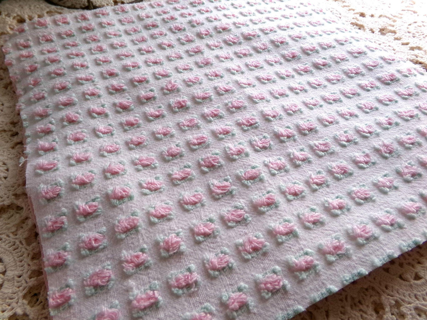 tickle me pink chenille fabric squares, set of 4 vintage large quilt blocks 12" inches ea, rosebud, pops, stripes, infinity tuft