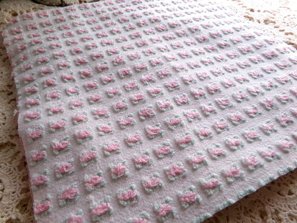 tickle me pink chenille fabric squares, set of 4 vintage large quilt blocks 12" inches ea, rosebud, pops, stripes, infinity tuft