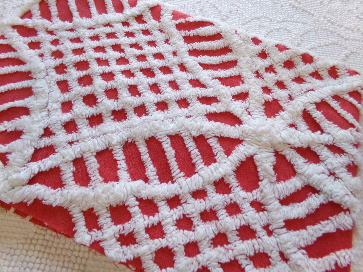 Red & White Geometric Chenille Fabric - Vintage Tufted Textured Cotton Fabric Quilting Crafts - 17" x 24" Piece of Sewing Material
