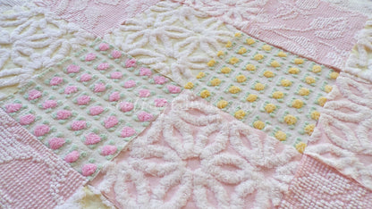 Chenille Fabric Squares Set, "Spring is in the Air", from Vintage Bedspread Fabrics, 16 Quilt Blocks, 6" inch, Cottage Pink, Yellow & White