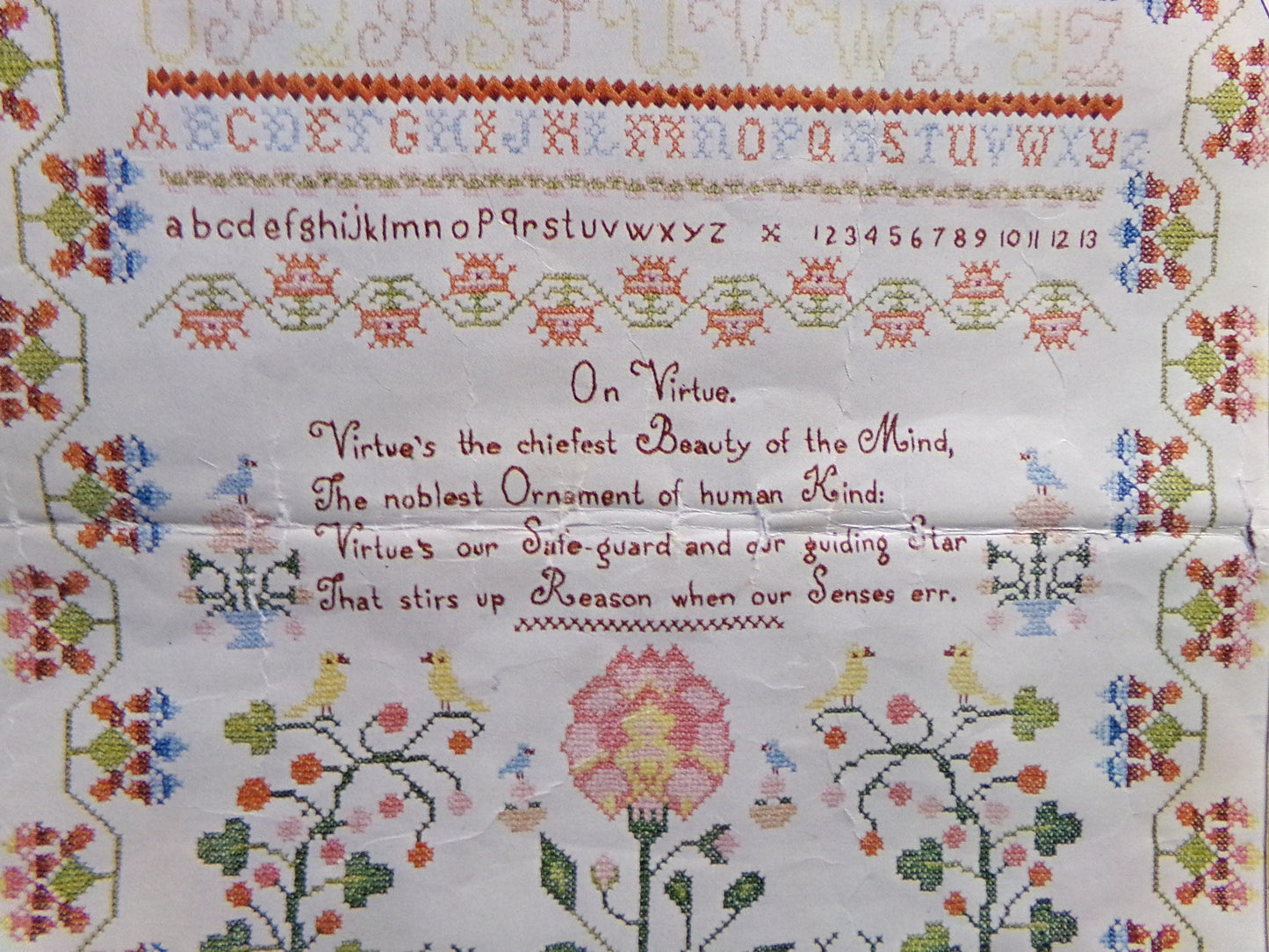 VIRTUE Embroidery Sampler, Paragon 0609 Valentine Museum Reproduction, Vintage Cross Stitch Stitchery Kit on Belgian Linen