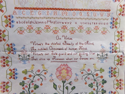 VIRTUE Embroidery Sampler, Paragon 0609 Valentine Museum Reproduction, Vintage Cross Stitch Stitchery Kit on Belgian Linen