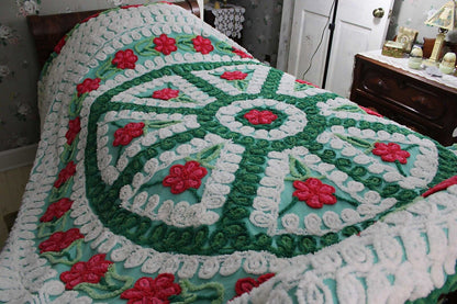 Dazzling Vintage Green Chenille Bedspread, Plush Cherry Pink Red Roses, Full Size