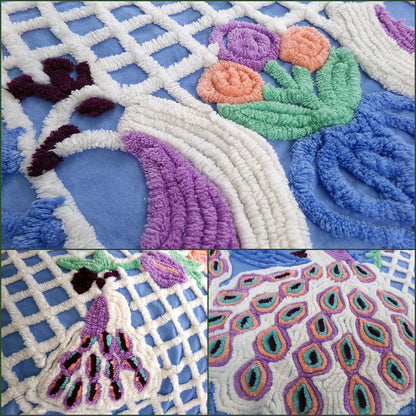 peacock vintage chenille bedspread, lovebirds under a sky blue flower garden trellis, luxury midcentury full size bedding