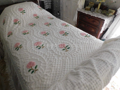 Heirloom Rose Vintage Chenille Bedspread, Full Size, JELDI AUSTRALIA, Cotton, Ruffled Skirt