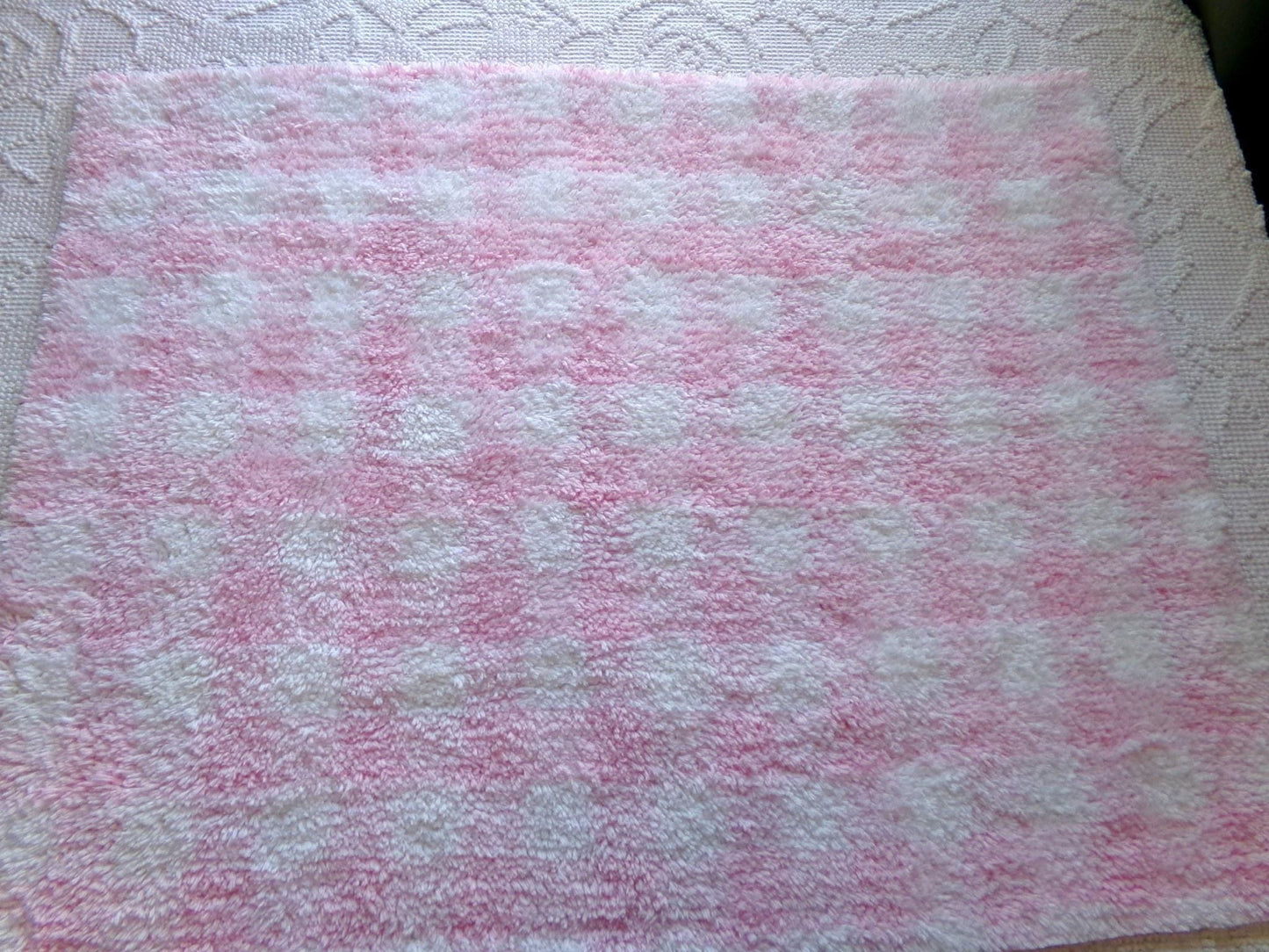 snuggle soft pink gingham vintage terry chenille fabric, pretty plaid design on white plush cotton blend 18" x 24" piece sewing fabric